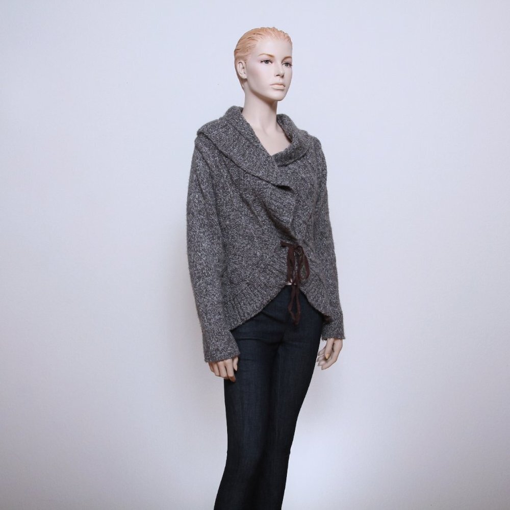 Carolyn Taylor‎ Cowl Neck Casual Knit Rope Tie Open Cardigan Gray Women Size L